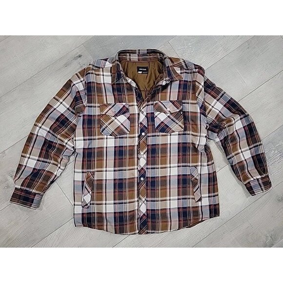 Marmot Shirt Jacket Snap Front Plaid Brown Flannel Size XL Insulated Read - Picture 1 of 9